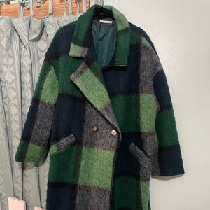 Boutique Women’s small/medium blue green Plaid Wool Blend belted Coat